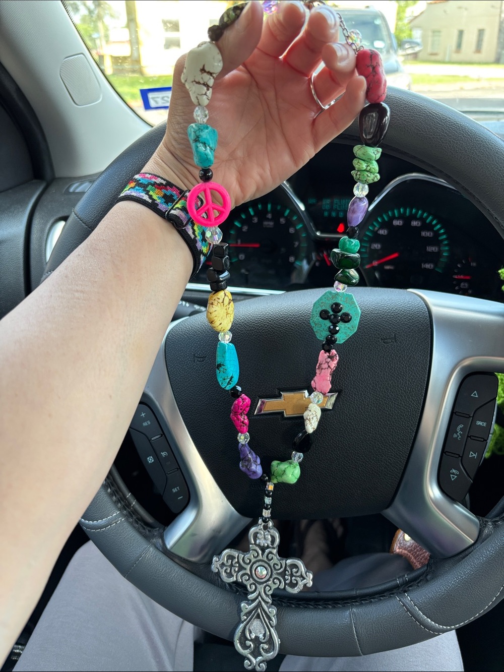Colorful Beaded Cross Necklace with Peace Charm